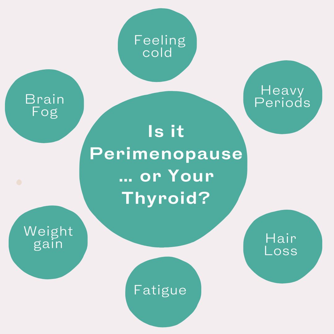 Image shows the different symptoms that overlap between perimenopause and thyroid disease