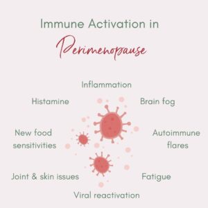Picture shows the different symptoms of immune system dysfunction in perimenopause - joint and skin issues, new food intolerances, histamine intolerance, brain fog, autoimmune disease, fatigue etc